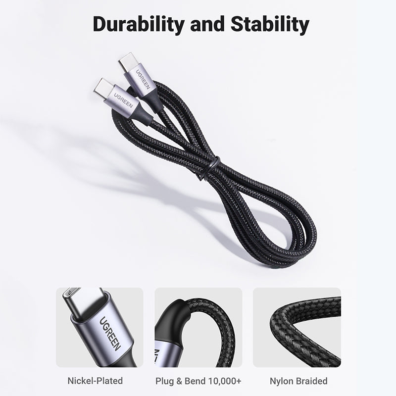 2M 60W USB-C To USB-C 4A Data Cable Aluminum Nylon Braid Grey+ Black Ugreen