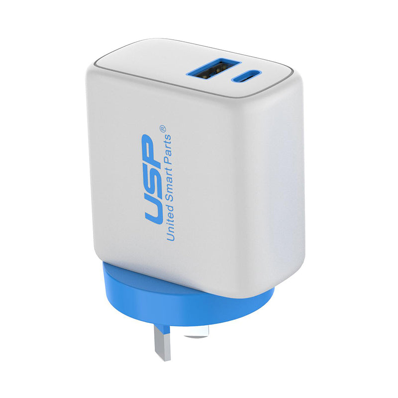 30W USB A + TYPE C PD Fast Wall Charger with 1M USB-C to Lightning White Cable USP