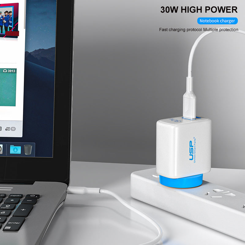 30W USB A + TYPE C PD Fast Wall Charger with 1M USB-C to Lightning White Cable USP