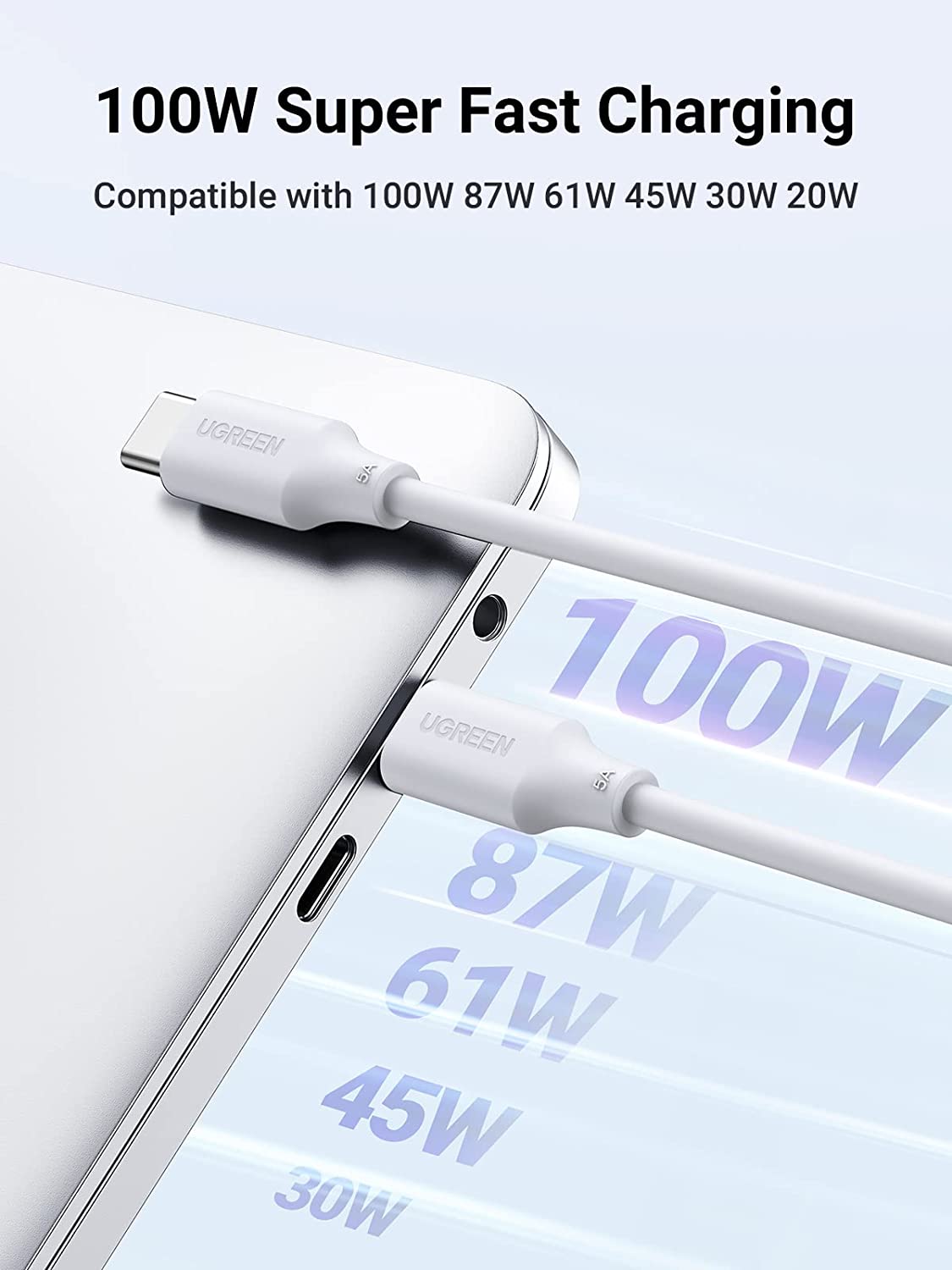 1M 100W USB-C To USB-C 5A Data Cable White Ugreen