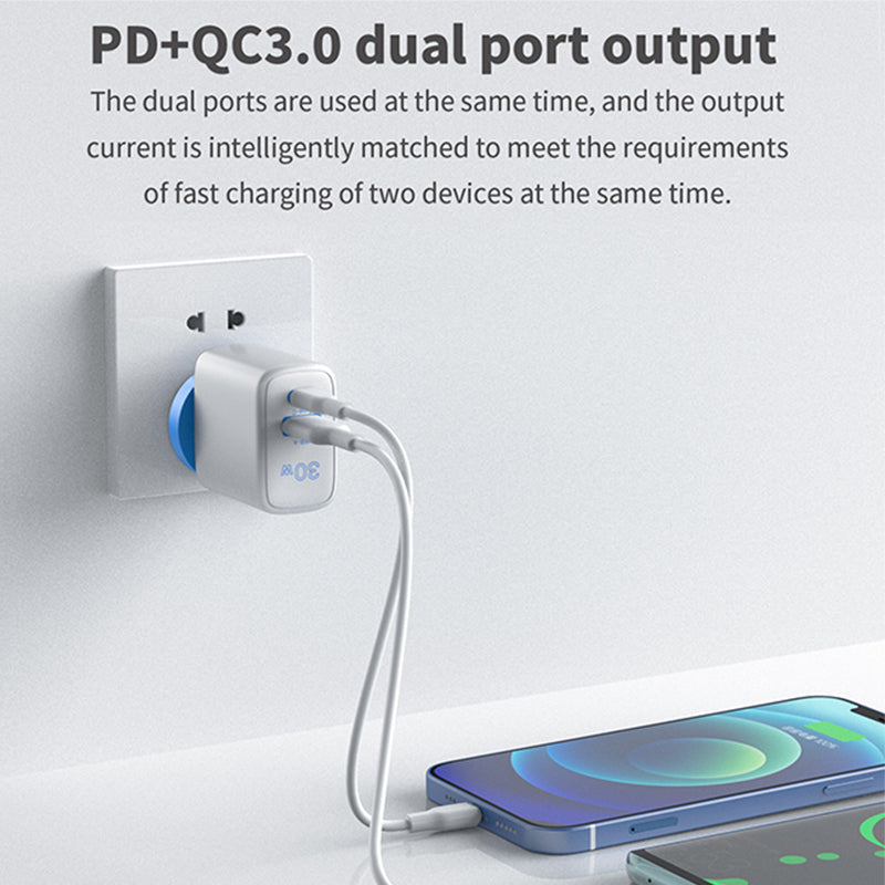 30W USB A + TYPE C PD Fast Wall Charger with 1M USB-C to Lightning White Cable USP