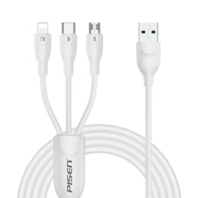 3 in 1 1.2M 6A Superfast All Protocol Charging Data Cable(1200mm) White AP17-1200 PISEN