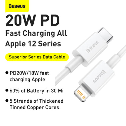 1M Lightning to USB-C Fast Charging Data Cable Superior Series PD 20W 1m white Baseus